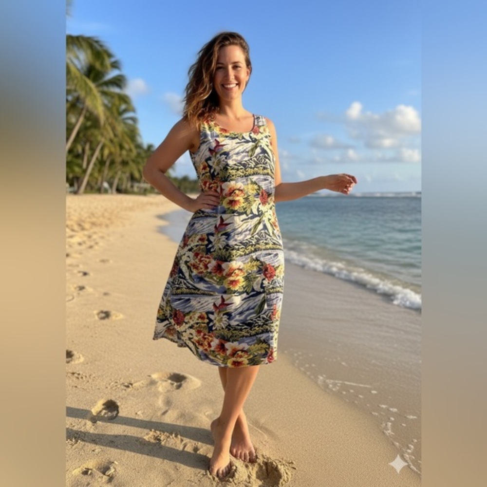 Vintage Tropical Hibiscus Midi Dress - Perfect for Vacation & Beach Events - L